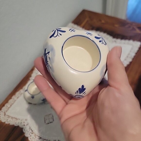 Pair Vtg Dutch Delft Blue Floral Tealight Candle Holders Holland Heart & Round - Picture 5 of 16